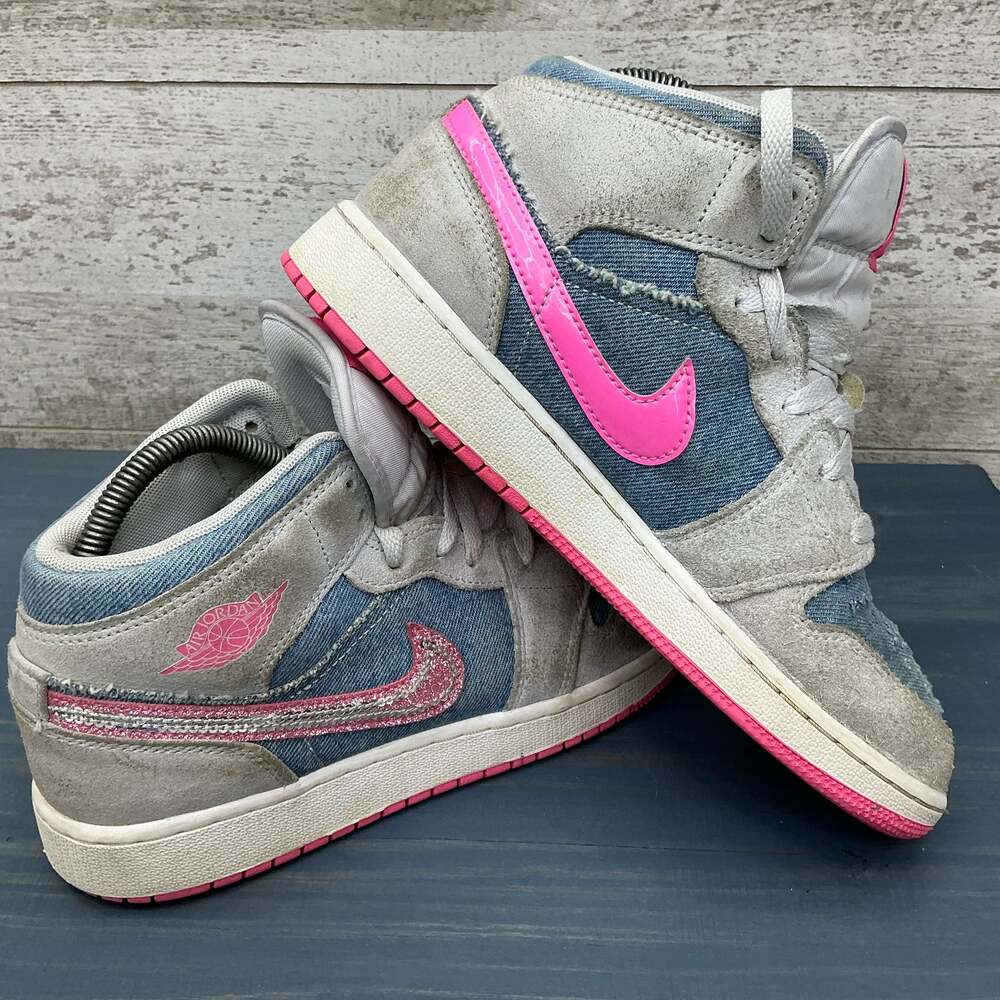 Air Jordan 1 Mid SE Denim Sequin Sneakers 6Y Cobalt Bliss White Pink Glow HQ1999